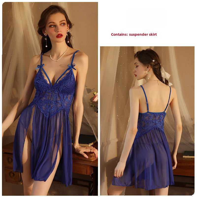 Spring and summer large size sexy mesh deep v lace pajamas side slit suspender skirt home service nightdress women's suit