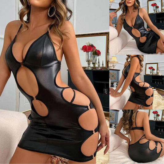 new erotic underwear, sexy women's patent leather hollow sundress, tight skirt, sex suit