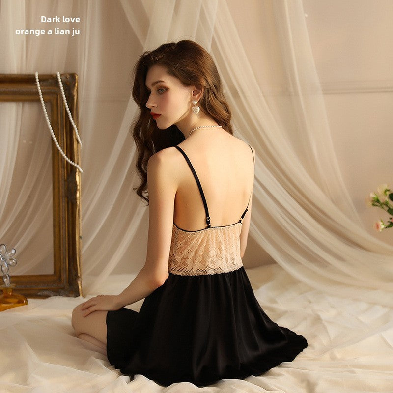 new sexy backless deep V lace satin see-through sundress nightdress women's loungewear