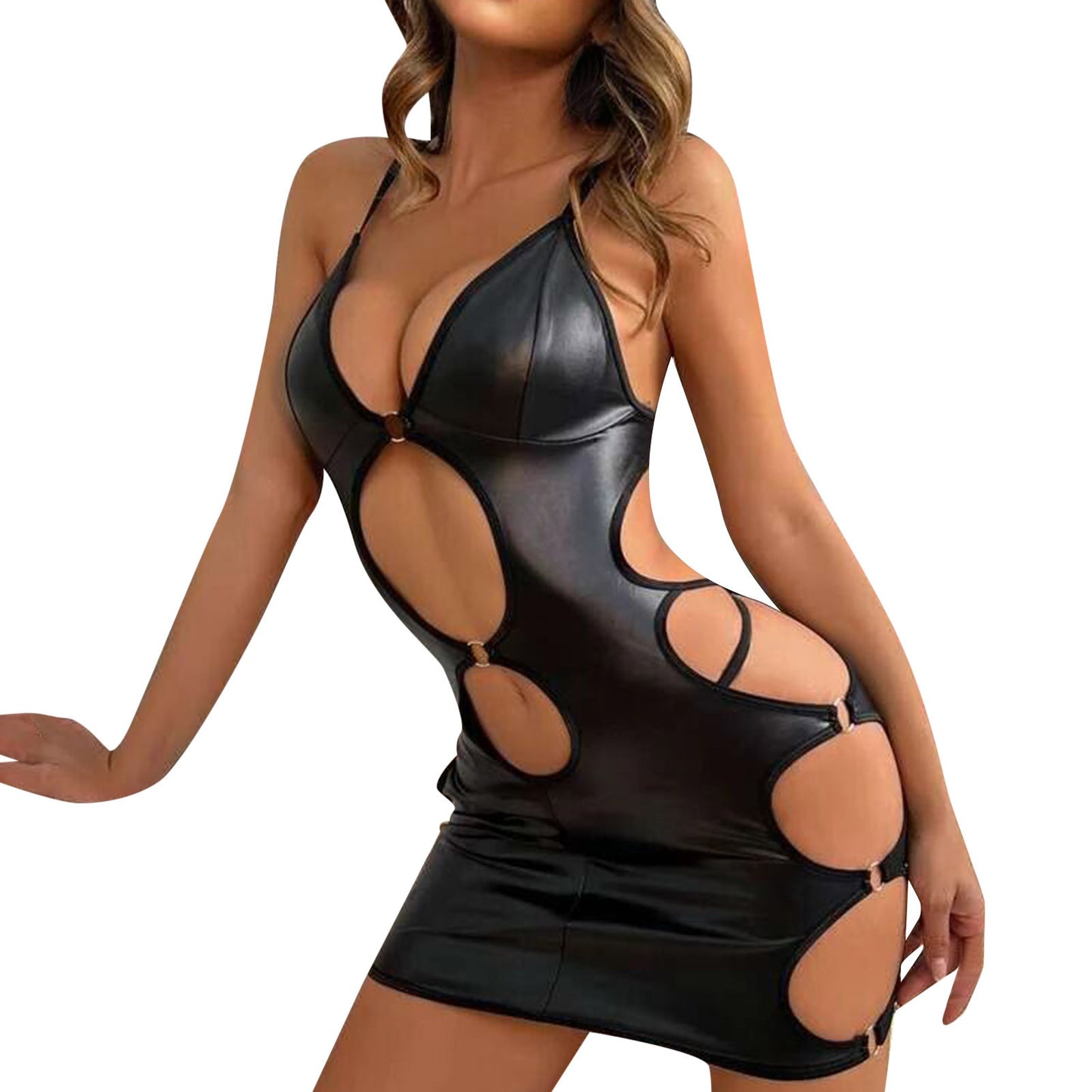 new erotic underwear, sexy women's patent leather hollow sundress, tight skirt, sex suit